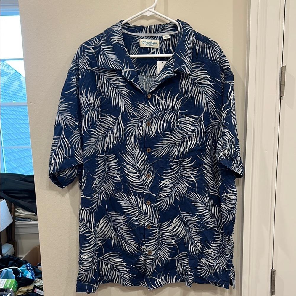 NWT Caribbean Men's Blue Leaf Print Shirt- 2XB